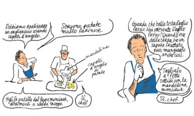 Una scena dallo storyboard di "In cucina con Alain Passard" di Christophe Blain, edito in Italia da Bao Publishing, 88 pagine, 15 euro. La graphic novel fa luce su uno dei più grandi (e schivi) cuochi al mondo, dal 1986 al timone del ristorante Arpège a Parigi, 3 stelle Michelin. Contiene anche 14 ricette inedite