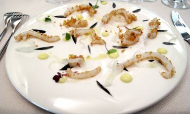 Porto Santo Spirito Squid tagliatelle (breaded, non cooked) with lemon, fennel and squid ink cream, by Neapolitan chef Antonio Borruso of Gimmy’s, in Passo dell’Aprica (Sondrio), +39.0342.747048, a dish on the menu of the dinner presented by the chefs from Valtellina who are members of the Chic, Charming Italian Chef association

