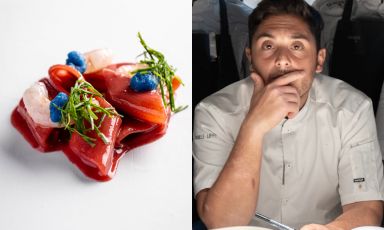 Pennone, fragola, gambero, rucola, strepitoso piatto estivo da Daniele Lippi (sulla destra), chef dell'Acquolina a Roma
