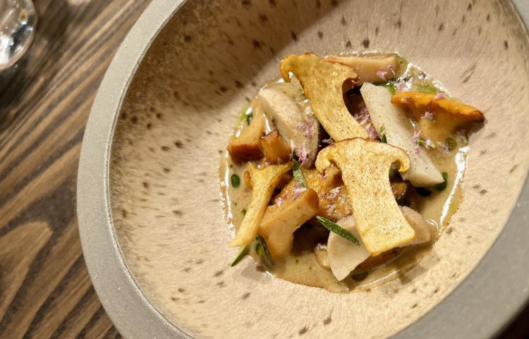 Funghi cardoncelli, porcini, champignon, gallinacci in una sorta di trifolato ma al sapore di giardiniera, con olio alla santoreggia, olio all'isoppo ed estratto di rosmarino. Asprigno e acido, il morso sulle prima spiazza; nel tempo si fa ricordare per l'aggressiva originalità