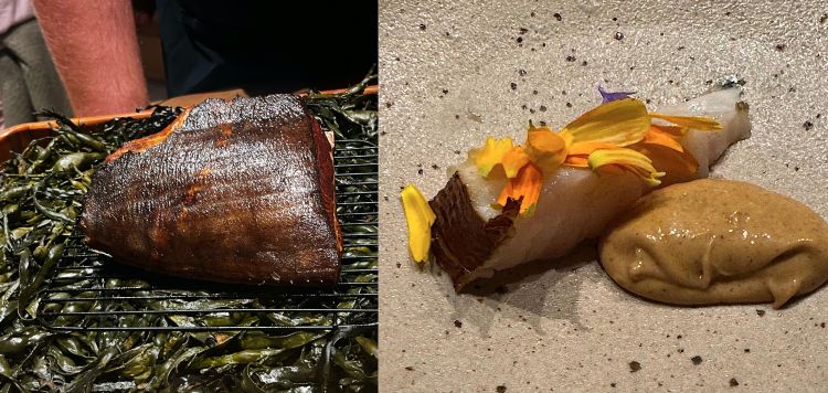 A sinistra, l'halibut (ippoglosso) maturato; a destra il piatto con l'halibut con crema quasi bruciata e burro quasi bruciato (almost burned cream and almost burnd butter, omaggio a una preparazione simbolo del Fäviken), Nella crema a destra c'è una riduzione di sgombro