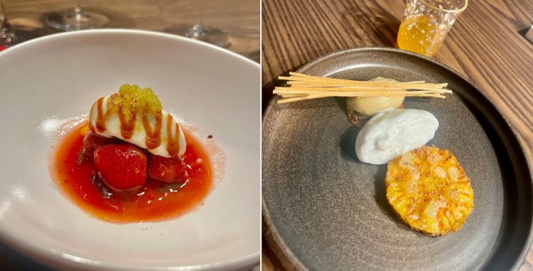 I due dessert: a sinistra, fragole candonga e fragole bianche giapponesi con pesto di rucola, olive taggiasche e sopra una quenelle di gelato di ricotta di pecora e riduzione di shrub di fragola e granita al lime e menta. A destra, Ananas trattato come fosse guanciale di maiale, tagliato, condito con miele alle spezie e peperoncino. Sopra cubetti d'ananas marinato al rhum e vaniglia, ananas sottaceto. Il gelato è all'ananas, crema di latticello profumato alla vaniglia e i Mikado sopra sono di pasta brick profumati alla vaniglia