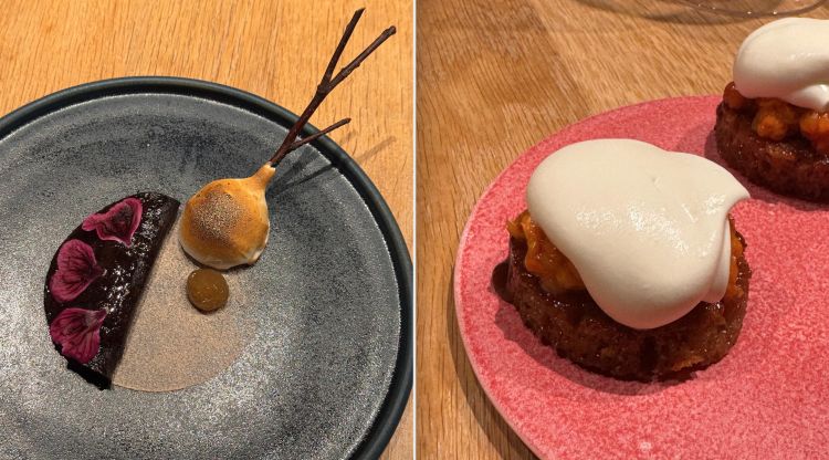 Pancake al sangue d'agnello, ribes nero e gamba salata d'agnello (sinistra) e Pane caramellato con camemoro (cloudberry)