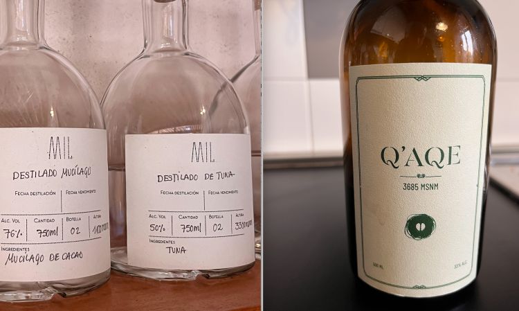 Una parte importante di Mater Iniciativa è dedicata a distillati e liquori. Cañazo (da zucchero di canna), chicha de jora, estrazioni di tumbo (banana passion fruit), mashwa fermentate, oca... possibilità e spettri aromatici sono infiniti. A destra nella foto, l'etichetta del Q'aqe, "amaro d'altura": è prodotto con 26 erbe, radici e piante selvatiche raccolte sopra i 4mila metri. Favoloso
