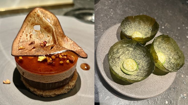 Aubergine and Lettuce
Left, aubergine with pecans, cider vinegar and liquorice salt, a Coda classic. Right, a small, ethereal shell of candied lettuce with cream cheese and powdered gherkins