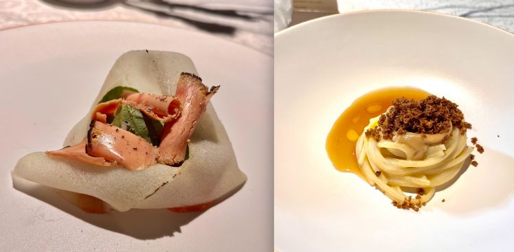 Fegato grasso e guava e Spaghetti cavolfiore e brodo di pollo
