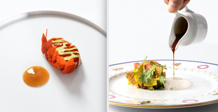 L'Anno del Drago (a sinistra)
Una cernia bella grassa e turgida è cotta in olio-cottura con dell'olio al pepe di Sechuan e colorata con una striatura di salse: alle arachidi, all’aglio ursino, al kimchi. Buonissima la salsa di pesca accanto: molto matura, è frullata semplicemente e unita a del pepe di sechuan
Tandoori (a destra)
Dalla Cina si passa all’India per la scintilla di questo favoloso agnello (che arriva dalla Macelleria Mantovani di Parma) condito con un mix di tandoori masala, un prezioso carico di spezie donato da amici indiani. Spezie che non sono dominanti come vuole la tradizione subcontinentale ma sono rese più soavi anche per la freschezza delle zucchine scapece: zucchina verde marinata nell’olio alla menta e aceto di sambuco e gialla marinata nell’olio di curcuma e ancora aceto di sambuco. È rifinito al tavolo con una salsa di yogurt speziata. Di che chiederne ancora e ancora
