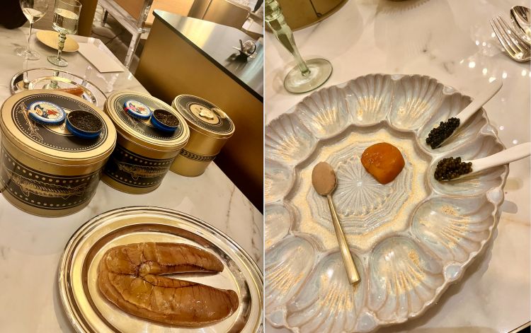 Selezione di caviale Ritz e uova di pesce fresco stagionati in atmosfera salina
Deessa del Mandarin Oriental Ritz, Madrid
Deesa è l'avamposto capitolino del valenciano Quique Dacosta, che ha 3 stelle Michelin a Denia e 2 qui, nel ristorante più classico al piano terra del Mandarin Oriental Ritz, un simbolo cittadino. Di tutti i piatti di un menu che si sviluppa tra classicità e avanguardia, ci ha colpito quest'assaggio perché esprime un lavoro di salagione molto complesso che Dacosta sviluppa da tempo nella casa madre: il pesce sta a contatto col sale solo indirettamente, in ambienti a temperatura e umidità controllata. In questo modo le uova (di muggine o molva molva) "respirano per osmosi la salsedine", caratteristica che le rende più cremose di una bottarga e che, a differenza di questa, si possono mangiare "a crudo" ancora e ancora