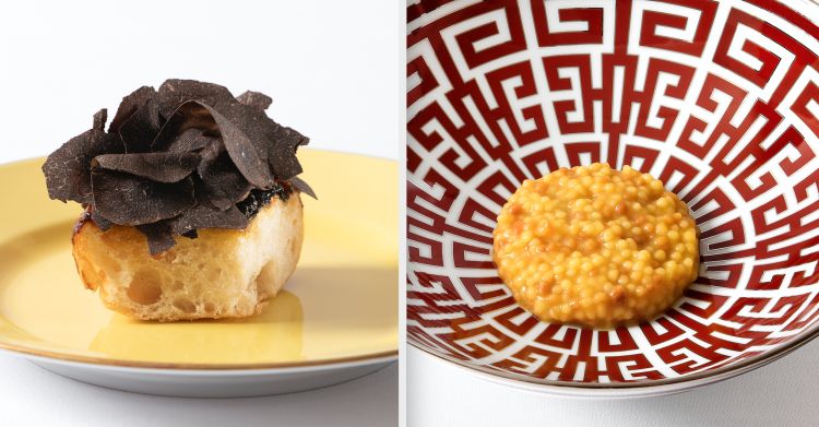 Focaccia Tatin (a sinistra)
La «focaccia che vuole diventare tatin» allarga il registro dei celebri piatti metamorfici della Francescana con questa focaccia di Michele Di Già, ormai da tempo il fornaio di casa, viene cotta come una classica tatin (ma di focaccia, appunto, non di pasta sfoglia). Sopra, pesche, spugnole, tartufo nero, timo.
Fregula (a destra)
L’assaggio più ardito di tutto il menu conduce a una passeggiata in un mercato di Beirut o Marrakesh. È una fregola – in pratica un cous cous con la grana più grossa – fatta non con la semola ma con una farina di ceci. Tra il dolce, il sapido e il floreale di melanzane all’uvetta, rose o zafferano prevale l’aspro del limone.
Buongiorno Sicilia (non in foto)
Non c’è menu della Francescana che non esprima il grande amore di Bottura per la Sicilia: il pre-dessert (non fotografato per distrazione dell'autore) è una granita di latte di mandorle amare di Noto con limone candito, bergamotto confit, cioccolato di Modica, polvere di scorza di limone e capperi di Pantelleria nature. Un meraviglioso up and down di sapori speziati, freschi, puliti