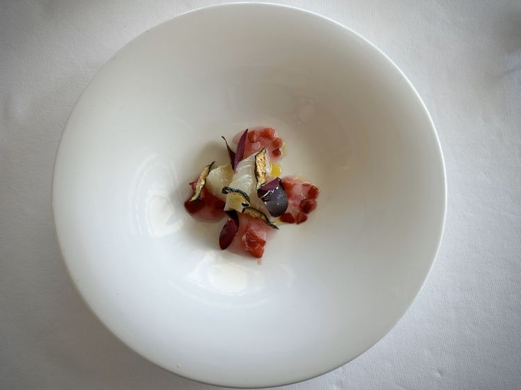 Baccalà e olio al geranio (sorpresa fuori menù): il pesce è servito crudo e condito con cipolla croccante in agrodolce, acetosella, zucchine croccanti e questo olio al geranio che eleva l’aromaticità (anche se va usato con estrema parsimonia)

