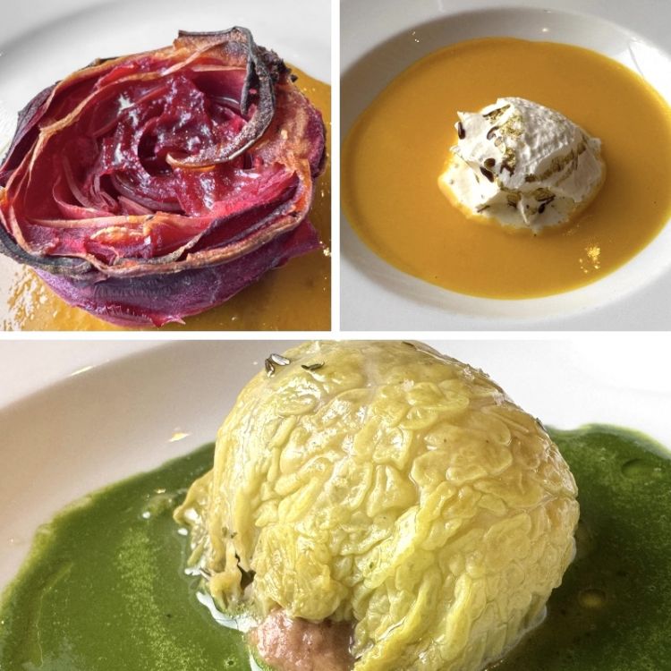 Dall'alto in senso orario: Barbabietola confit e salsa di carota, poi Crema di zucca e barbabietola gialla con crema chantilly e cren, infine Cavolo ripieno di sedano, carota e cipolla con salsa di valerianella
