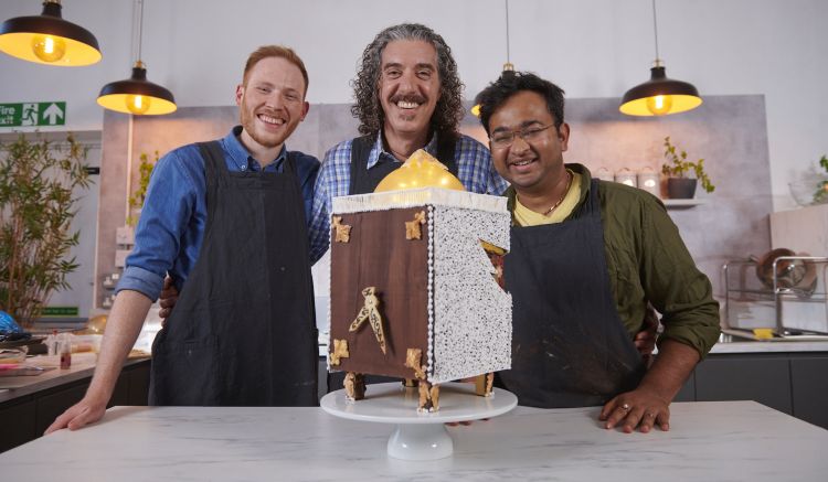 Giuseppe Dell’Anno with two other stars of Bake Off, Rahul Mandal and Andrew Smyth, and the special cake that they both signed together