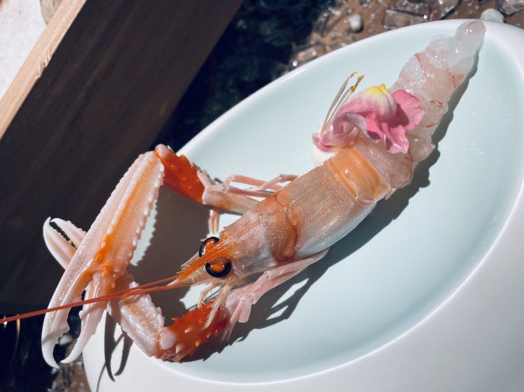 Scampo porcupine crudo accompagnato da una spuma d’olio di mandorla di Toritto allo Jamanté di Polignano