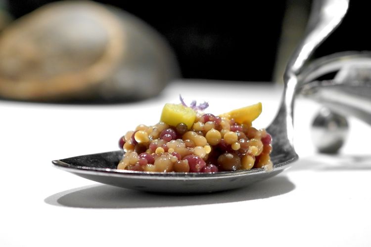 A marvellous, delicious, extraordinary, super-dish: Olivada, micro-spheres of olives of different cultivars (Aloreña, Cordobesa, Verdial, Kalamata, Cornicabra). On the base, a sorbet of Arbequina olives, then a sheet of Gordal olive and finally piparra, Basque sweet chilli (2018)