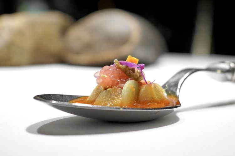 Another dish from 2018: Preserved vegetables with romesco sauce, tabasco and finger lime. The vegetables are endive, flowers of blackberries, oxalis flowers, mauve buds, jicama (Mexican potato). A hint at Italian caponata