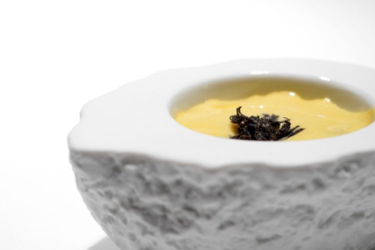 A sort of surf and turf from 2012: Oyster with Palo Cortado, game sauce and truffle. The Gillardeau oyster is cooked in game jus and Palo Cortado sherry and paired with an emulsion of Bearnaise sauce and truffle