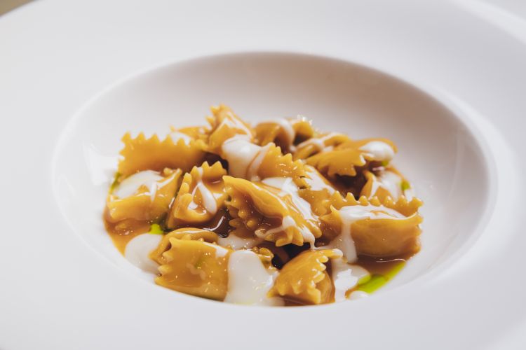 Plin al coniglio, il suo sugo, crema di Parmigiano Reggiano, olio al timo