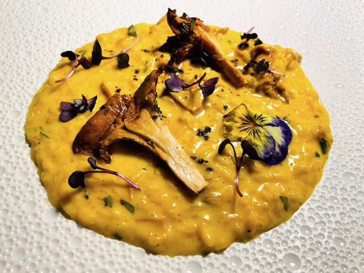 Saffron risotto with chanterelle mushrooms and barbequed chanterelle mushrooms, chef Alessandro Merlo