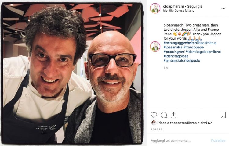 From the Instagram profile of Paolo Marchi, Josean Alija with Franco Pepe. The pizzaiolo from Caiazzo participated in the dinner with the chef from Nerua at Identità Golose Milano